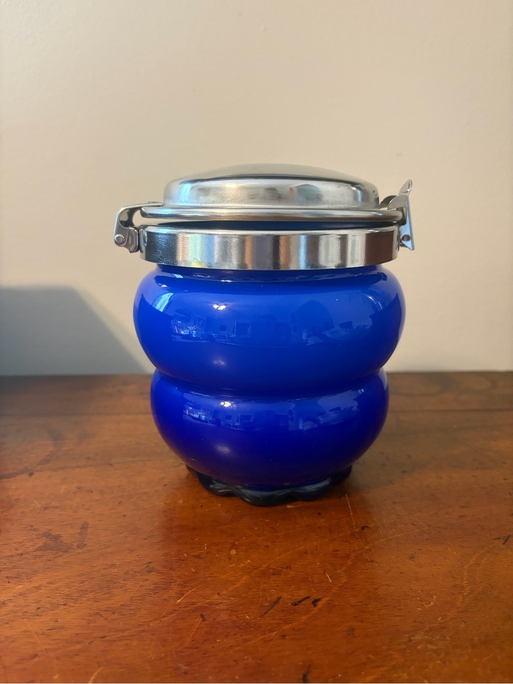 Vintage 1960s cobalt blue case glass canister with original lid